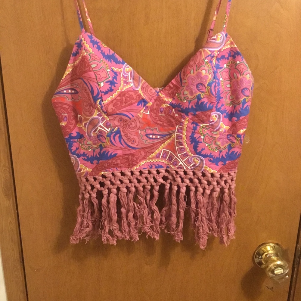 Shein Bohemian Paisley Floral Print Zipper Back Fringe Hem Cami Top L - Picture 5 of 7